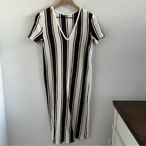 Zara Trafaluc Vertical Striped Dress Y2K V Neck Cream Brown Small